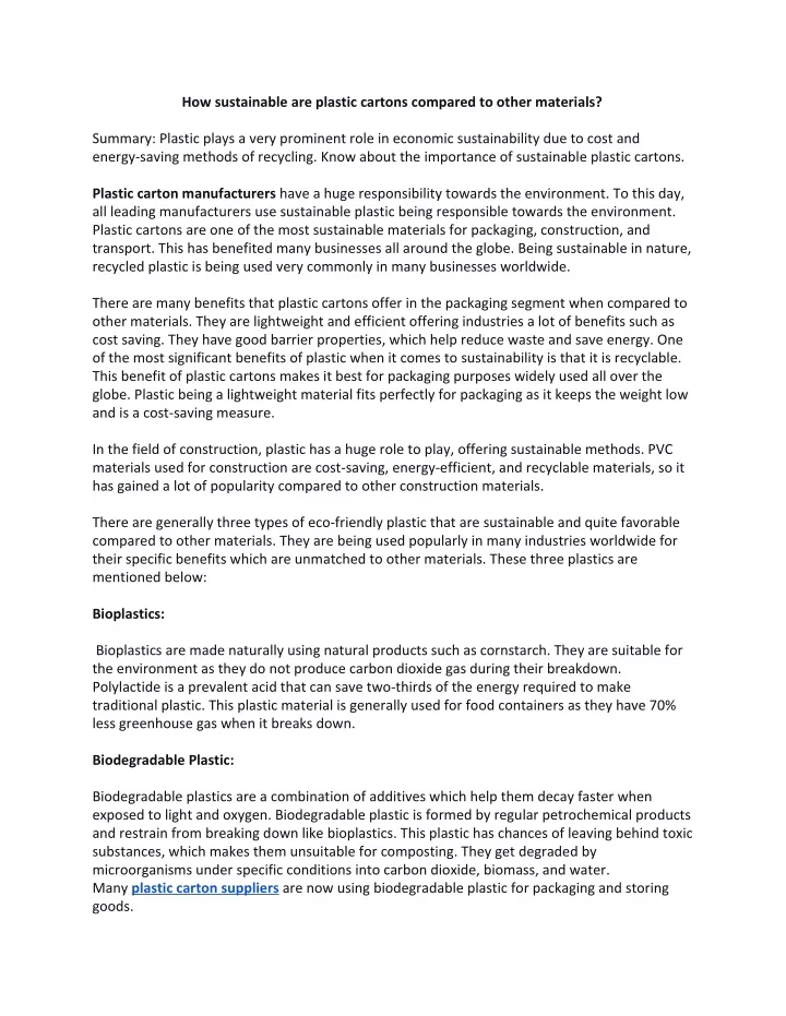 how sustainable are plastic cartons compared