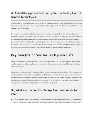 A Unified Backup Exec Solution by Veritas Backup Exec at Genesis technologies!