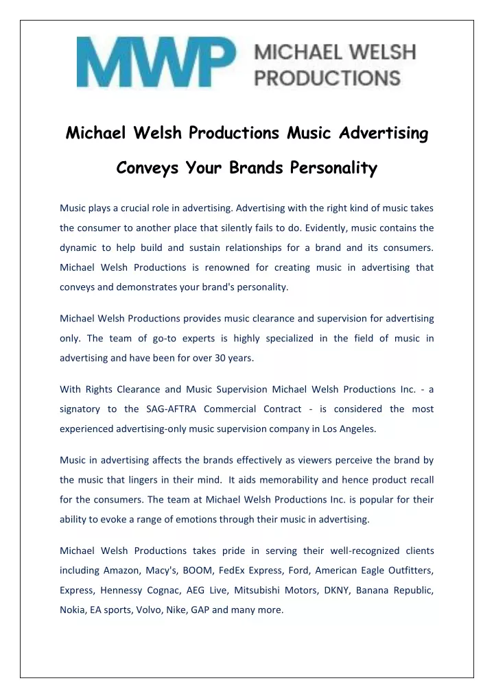 michael welsh productions music advertising