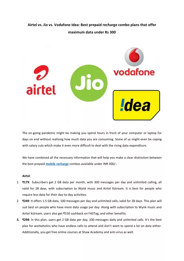 airtel vs jio vs vodafone idea best prepaid