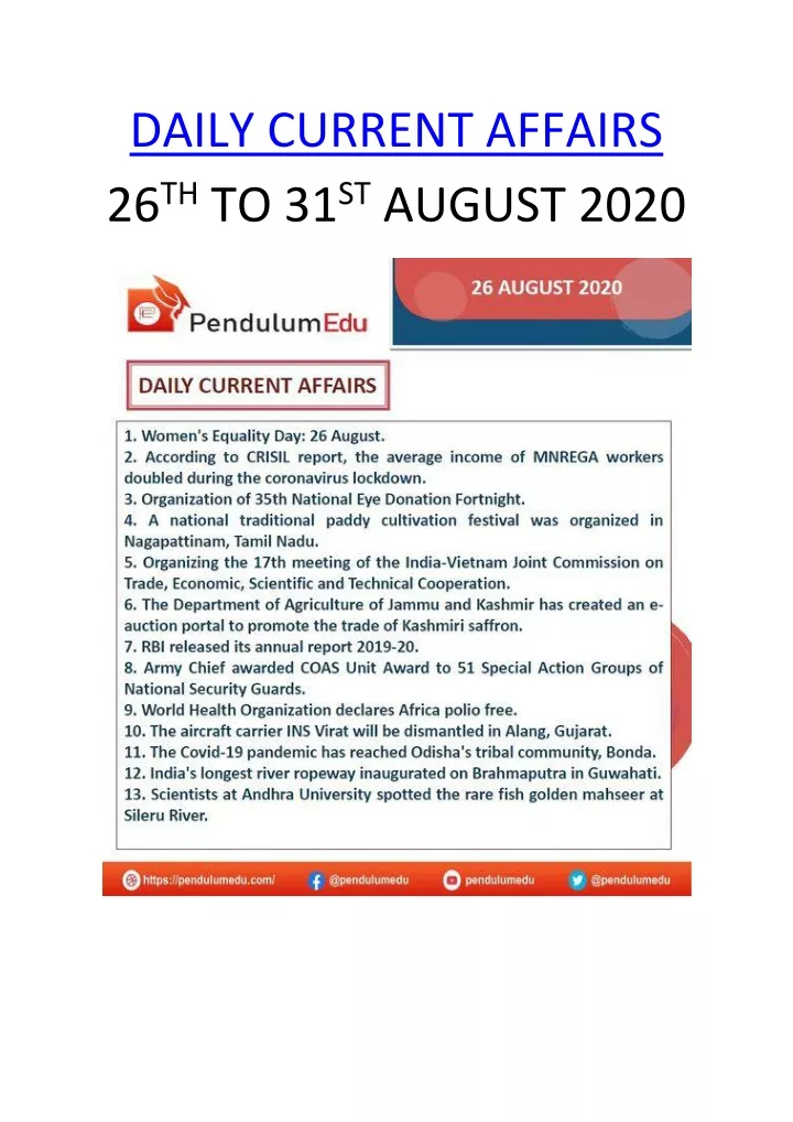 daily current affairs 26 th to 31 st august 2020