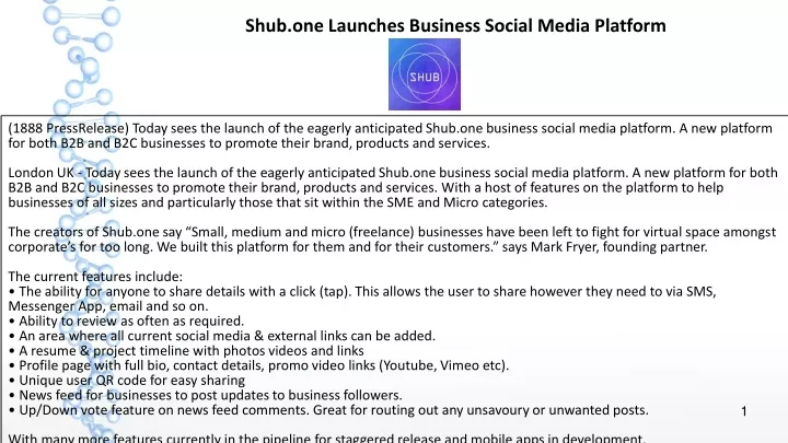 shub one launches business social media platform