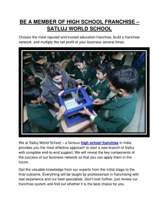 Be a Member of High School Franchise – Satluj World School