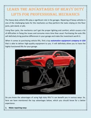 learn the advantages of heavy duty lifts