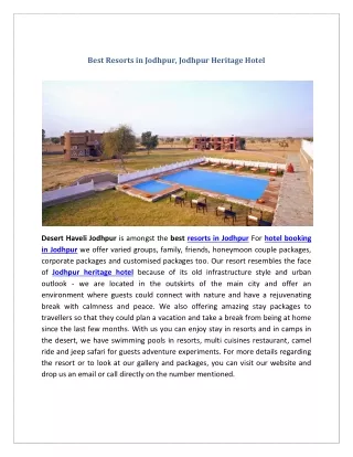 Best Resorts in Jodhpur, Jodhpur Heritage Hotel