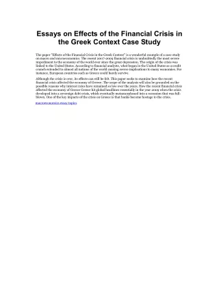 Essays on Effects of the Financial Crisis in the Greek Context Case Study