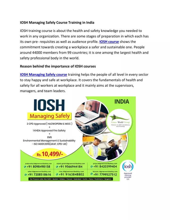 iosh managing safely course training in india