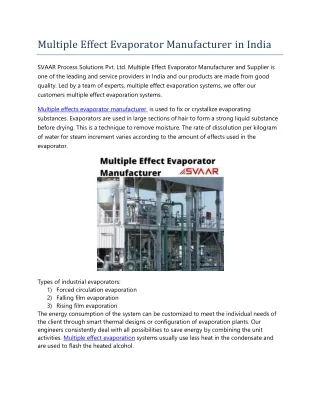 Multiple Effect Evaporator Manufacturer in India