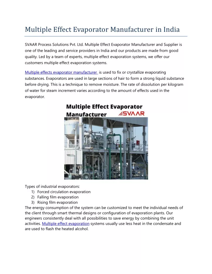 multiple effect evaporator manufacturer in india