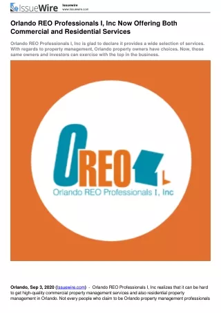 Orlando REO Professionals I, Inc Now Offering Both Commercial and Residential Services