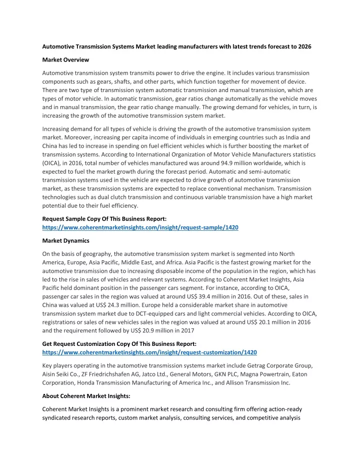 automotive transmission systems market leading