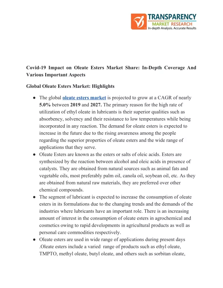 covid 19 impact on oleate esters market share
