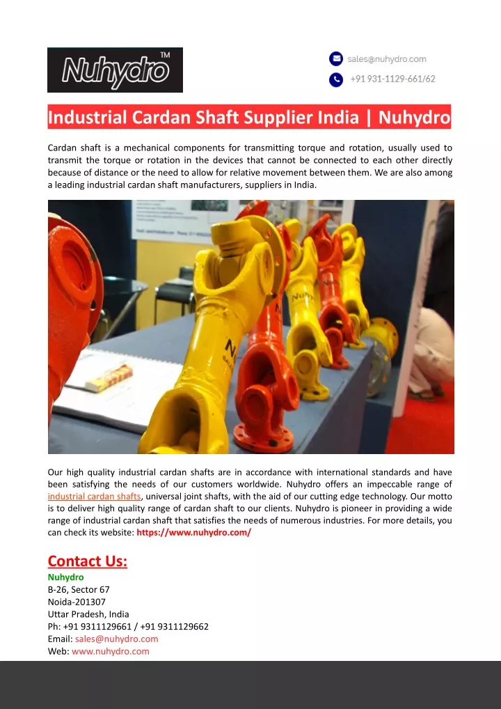 industrial cardan shaft supplier india nuhydro