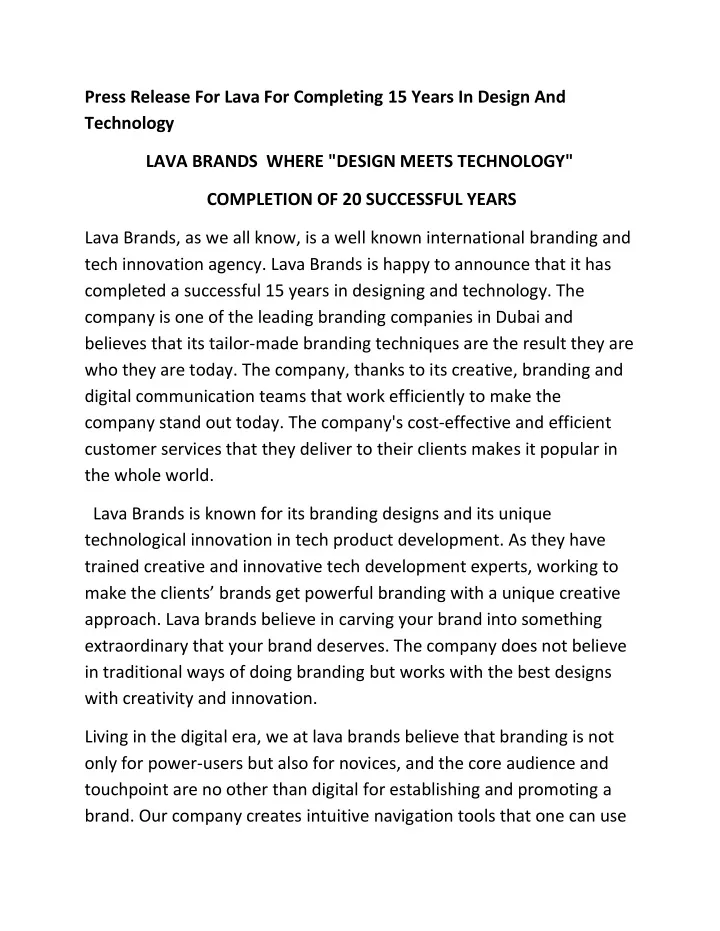 press release for lava for completing 15 years