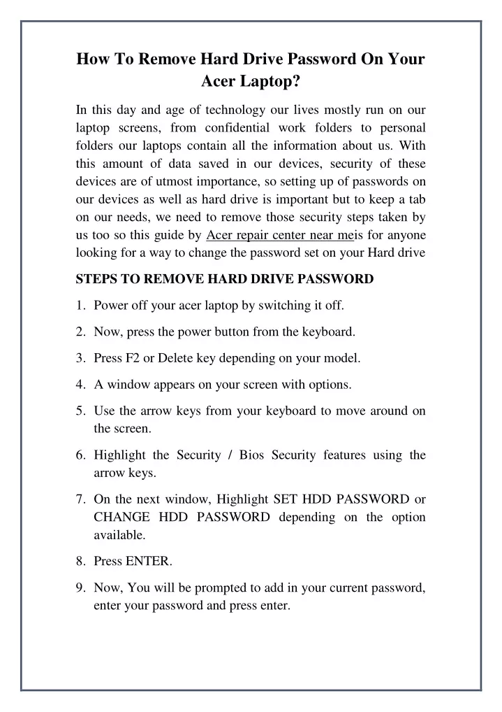 how to remove hard drive password on your acer