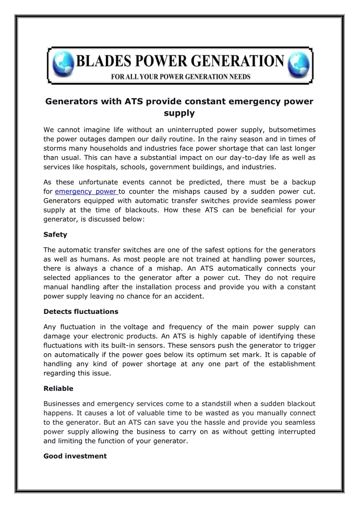 generators with ats provide constant emergency