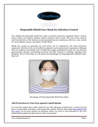 Disposable Shield Face Mask for Infection Control