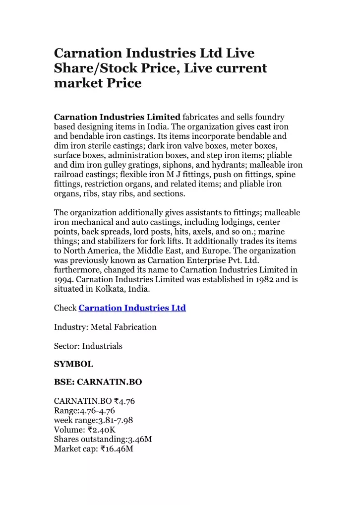 carnation industries ltd live share stock price