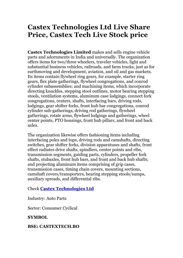 castex technologies ltd live share price castex