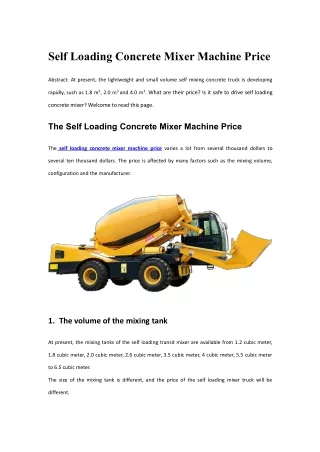 self loading concrete mixer machine price