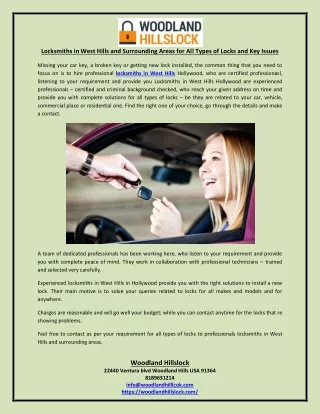 locksmiths in west hills and surrounding areas