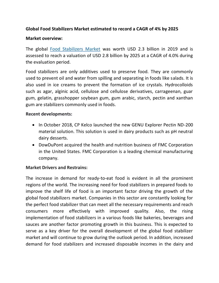 global food stabilizers market estimated