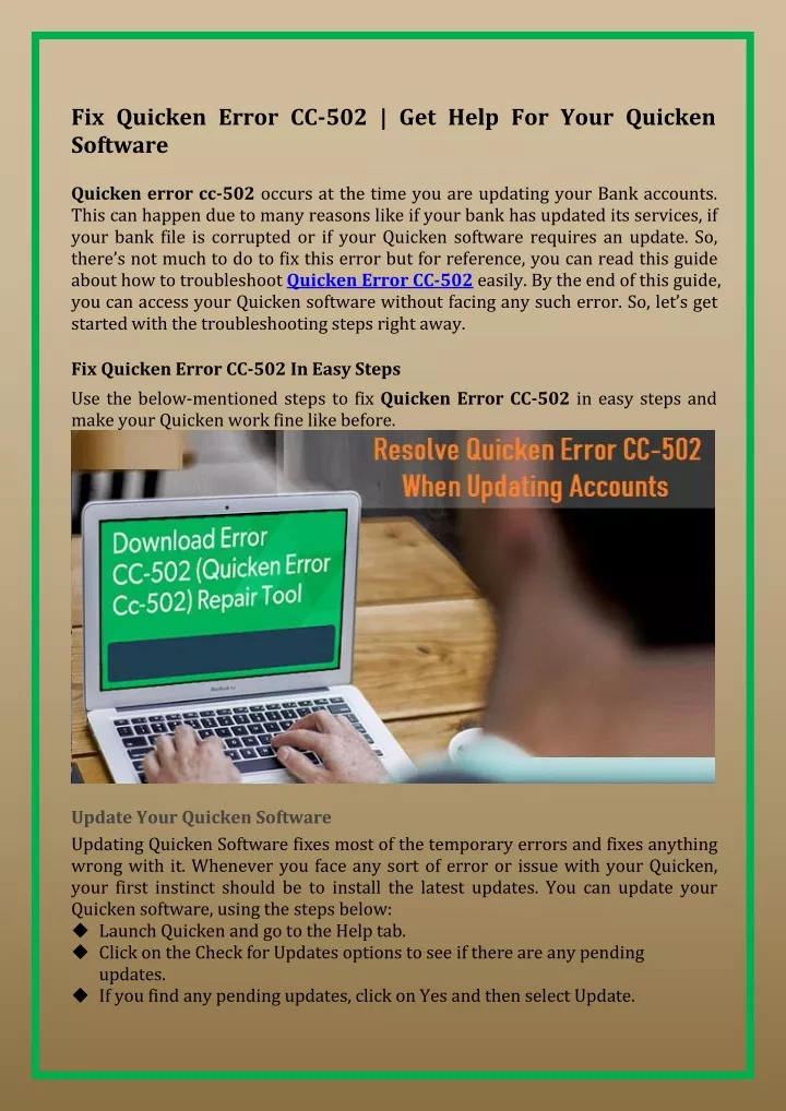 fix quicken error cc 502 get help for your