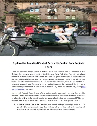 Explore the Beautiful Central Park with Central Park Pedicab Tours