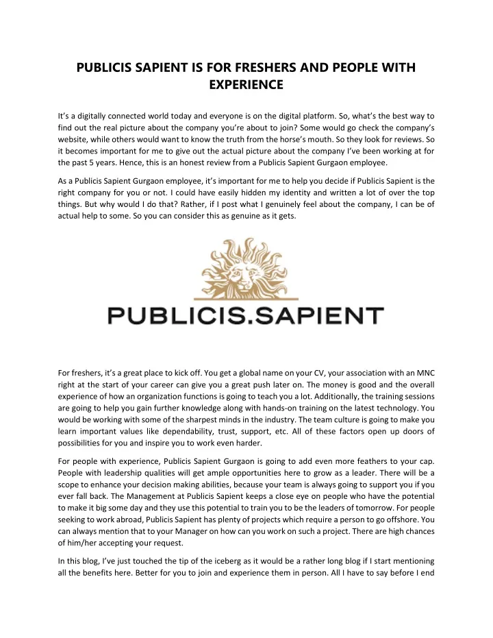 publicis sapient is for freshers and people with