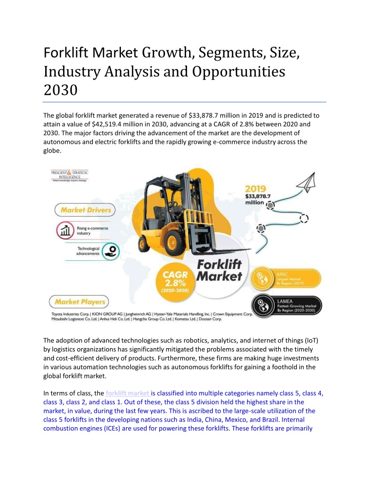 forklift market growth segments size industry analysis and opportunities 2030