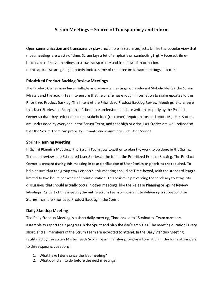 scrum meetings source of transparency and inform