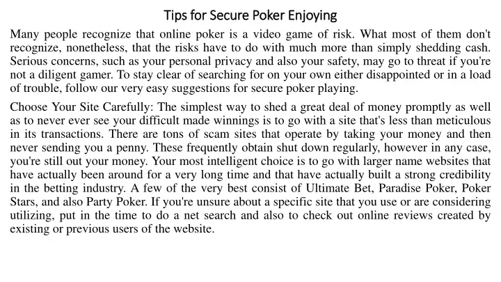 tips for secure poker enjoying
