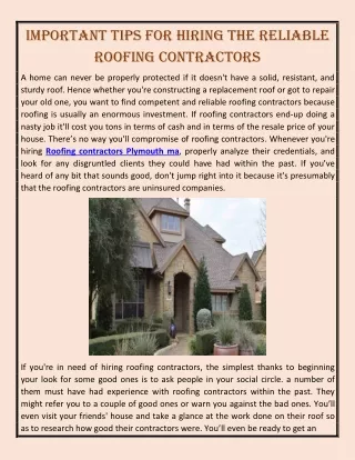 Important Tips For Hiring The Reliable Roofing Contractors