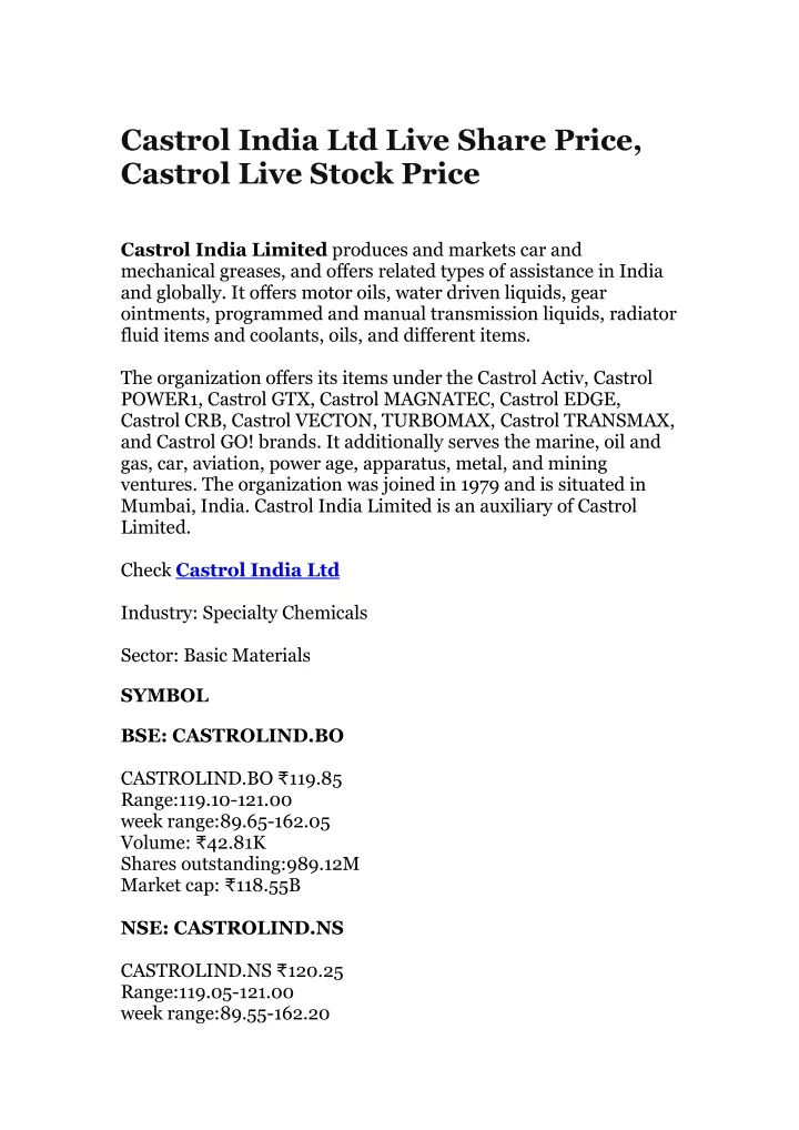 castrol india ltd live share price castrol live