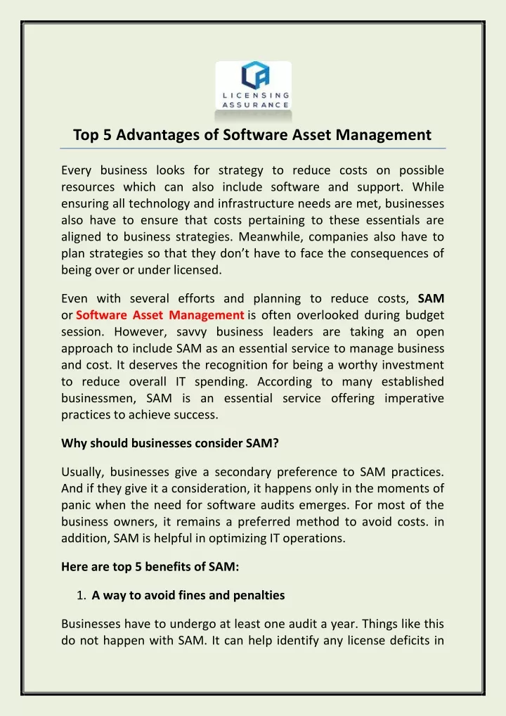 top 5 advantages of software asset management