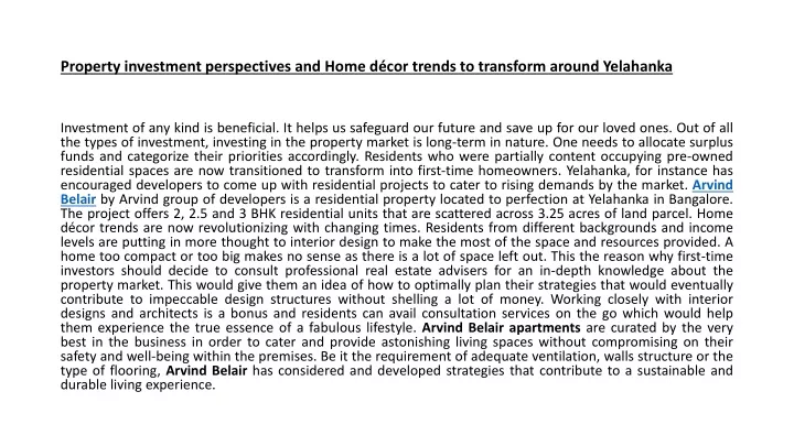 property investment perspectives and home d cor trends to transform around yelahanka