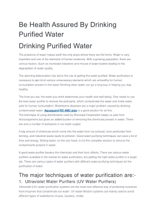 Be Health Assured By Drinking Purified Water