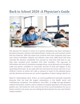 Back to School 2020 A Physician’s Guide