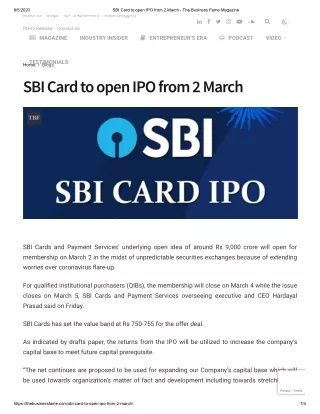 SBI Card to open IPO from 2 March