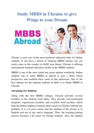 Study MBBS in Ukraine to give Wings to your Dream