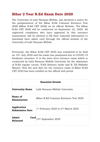 bihar 2 year b ed exam date 2020