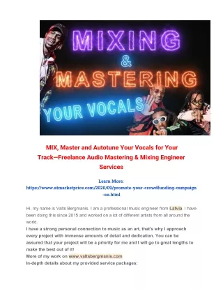 MIX, Master and Autotune Your Vocals for Your Track—Freelance Audio Mastering & Mixing Engineer Services