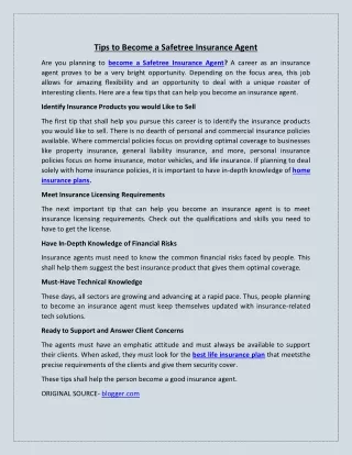 tips to become a safetree insurance agent