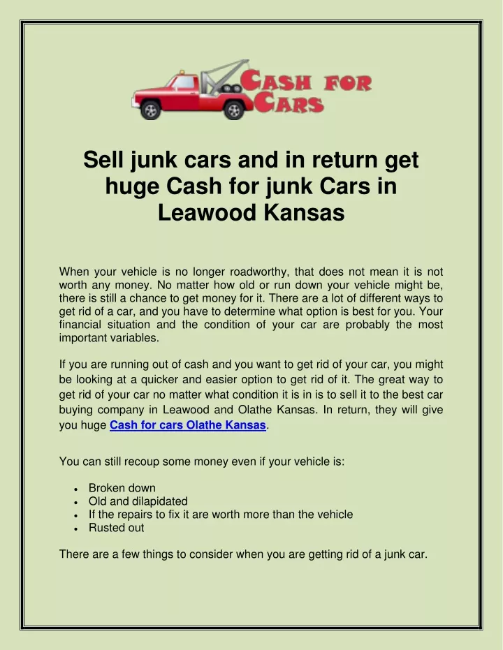 sell junk cars and in return get huge cash
