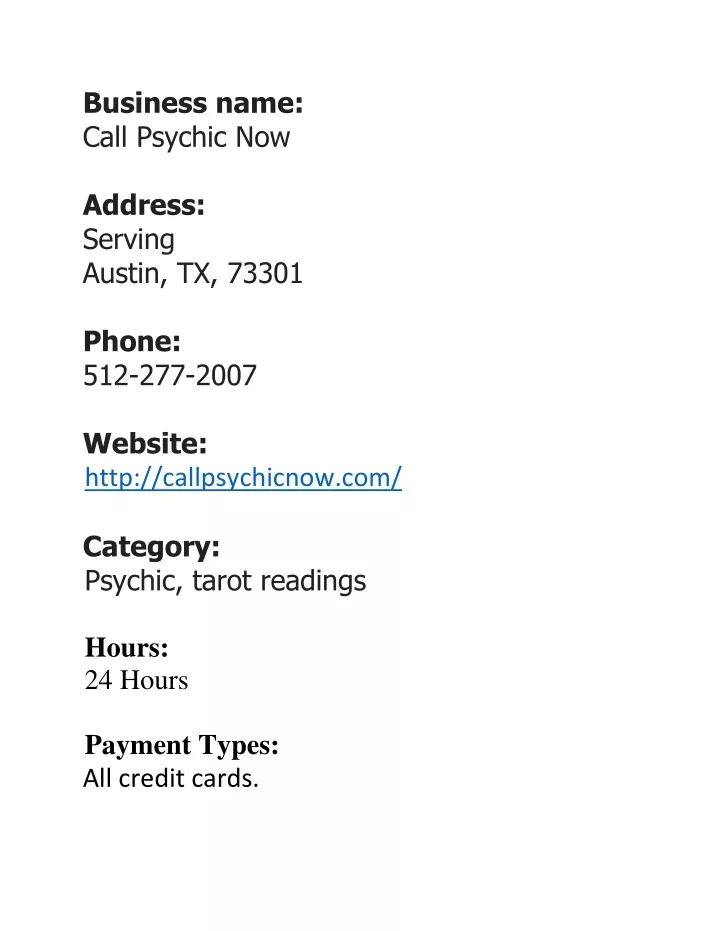 business name call psychic now address serving