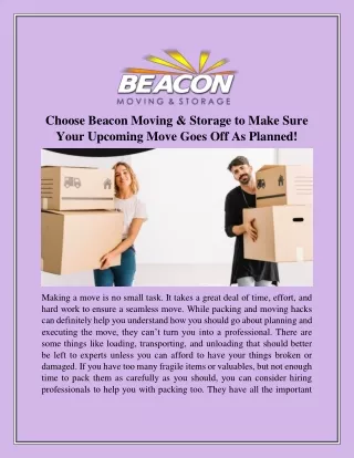 Choose Beacon Moving & Storage to Make Sure Your Upcoming Move Goes Off As Planned!