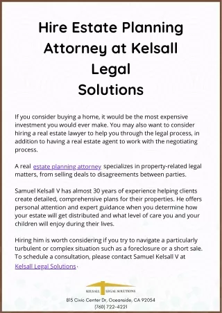 Hire Estate Planning Attorney at Kelsall Legal Solutions