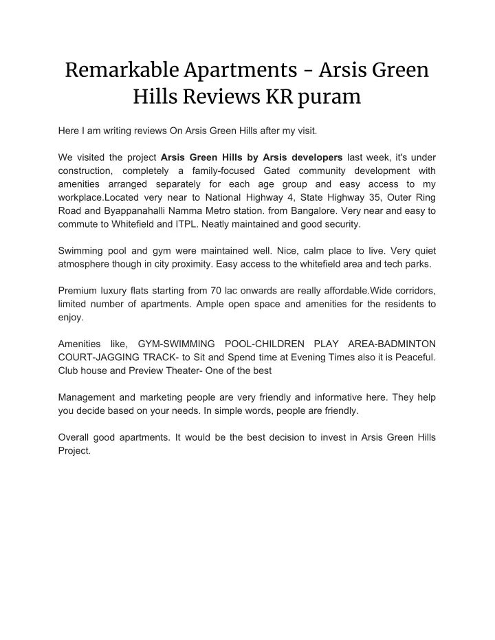 remarkable apartments arsis green hills reviews