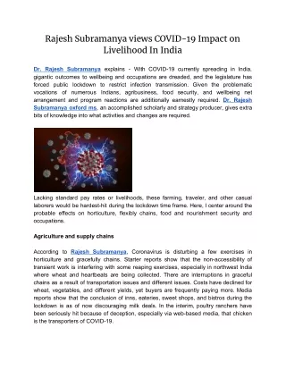 Rajesh Subramanya views COVID-19 Impact on Livelihood In India