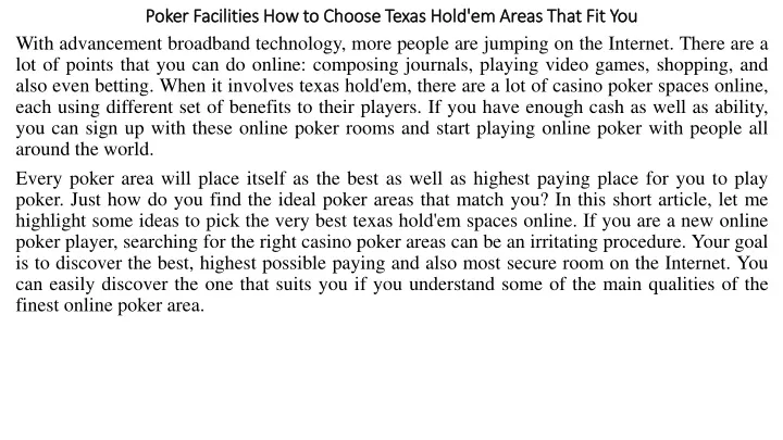 poker facilities how to choose texas hold em areas that fit you